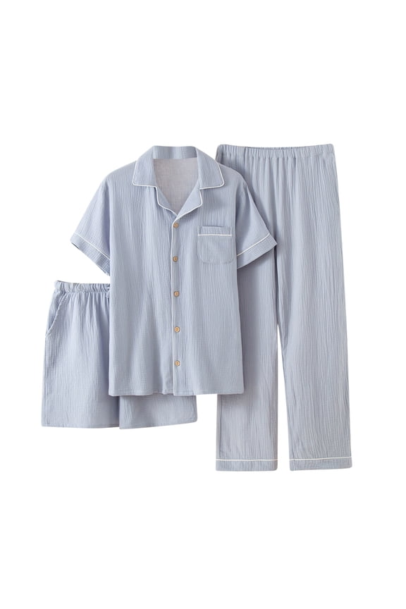 APEXFWDT Men's 3pc Plaid Pajama Set - Short Sleeve Button up Shirt + Shorts + Pants Wrinkle-Free Sleepwear Non See-Through