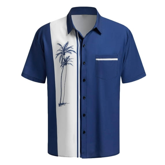 APEXFWDT Men's Big & Tall Bowling Hawaiian Shirt - Vintage Casual Bowling Shirt Short Sleeve Button Up Beach Shirt for Summer Parties,XXXXL,Blue