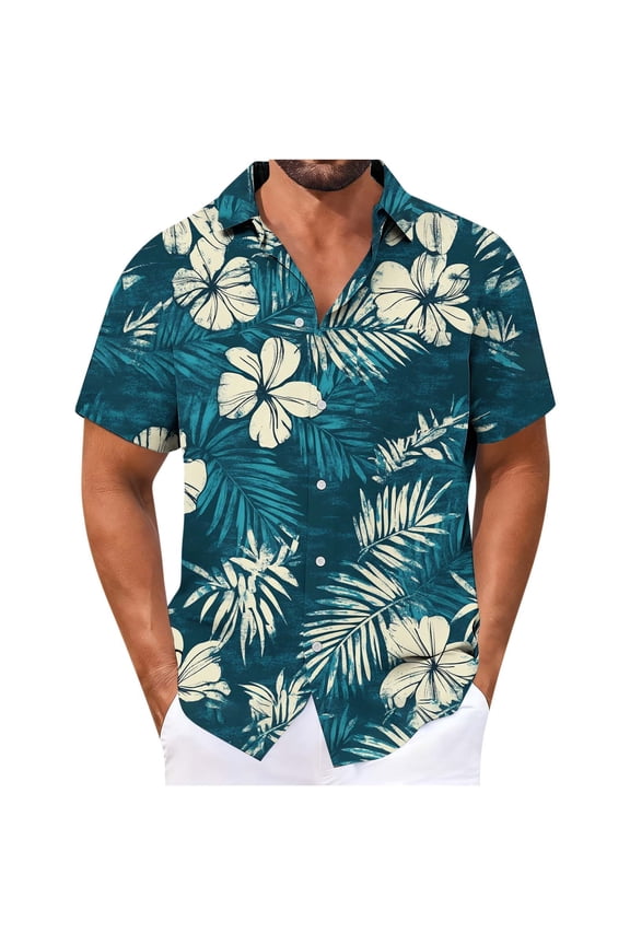 Men's Big&Tall Button Down Hawaiian Shirt Short Sleeve Tropical Beach Shirt Floral Print Casual Shirt,XXXXL,Blue