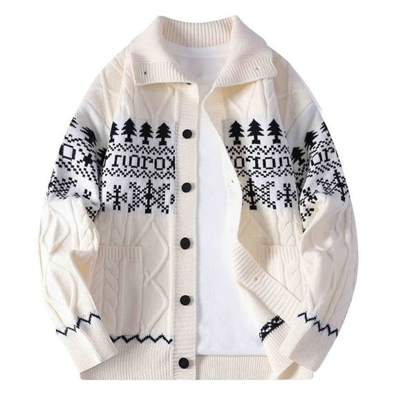 APEXFWDT Men's Big&Tall Christmas Sweater Cardigan Printed Casual Stretch Knit Sweater Long Sleeve Button-Up Jacket with Pockets