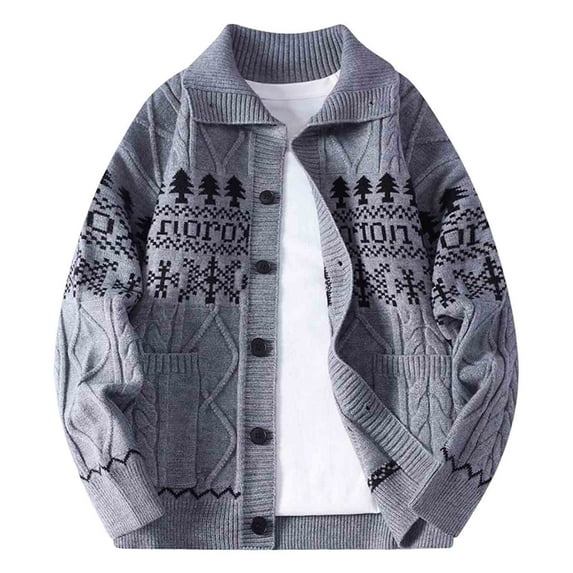 APEXFWDT Men's Big&Tall Christmas Sweater Cardigan Printed Casual Stretch Knit Sweater Long Sleeve Button-Up Jacket with Pockets