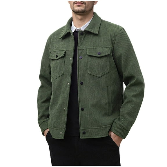 APEXFWDT Men's Big&Tall Corduroy Jacket Snap Button Zip-Up Work Jacket Casual Lapel Collar Varsity Coat with Pockets for Fall Hiking,L,Army Green