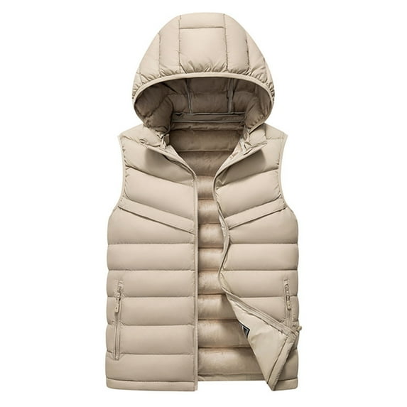 APEXFWDT Men's Big&Tall Fleece-Lined Hooded Vest Sleeveless Full Zip Puffer Jacket Padded Vest Outerwear with Removable Hat & Zip Pockets for Winter Layering,XXXXL,Khaki