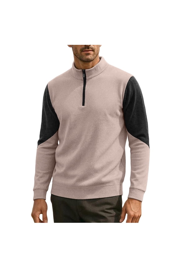 Men's Big & Tall Half-Zip Top Patchwork Long Sleeve Stand Collar Warm Pullover Comfortable Casual Base Layer,L,Khaki