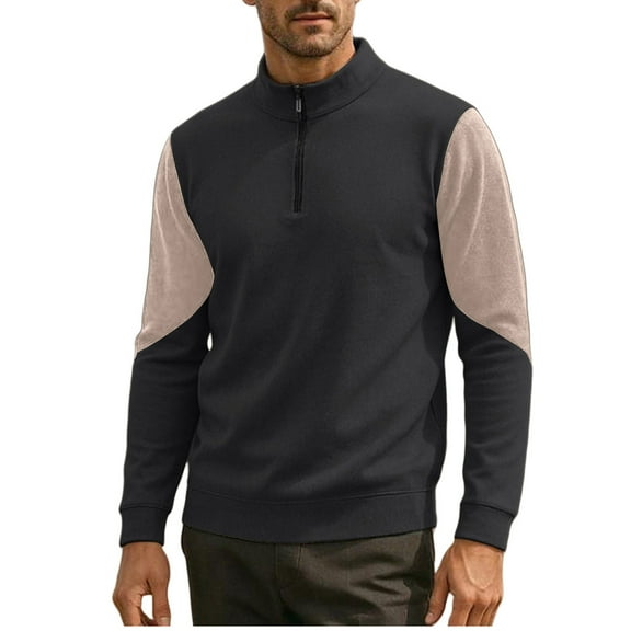 APEXFWDT Men's Big & Tall Half-Zip Top Patchwork Long Sleeve Stand Collar Warm Pullover Comfortable Casual Base Layer,M,Black