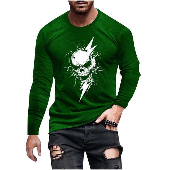 APEXFWDT Men's Big & Tall Halloween Skull Print T-shirt Long Sleeve Crew Neck Casual Shirt Festival Graphic Tee,XXXL,Green