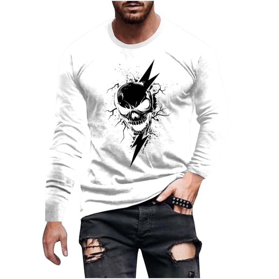 APEXFWDT Men's Big & Tall Halloween Skull Print T-shirt Long Sleeve Crew Neck Casual Shirt Festival Graphic Tee,XXXXXL,White