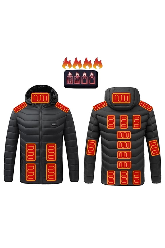 APEXFWDT Men's Big & Tall Heated Puffer Jacket 19-Zone USB Charging Warm Coat Zip-Up Hooded Thermal Outerwear, No Powerbank,XXXXL,Black