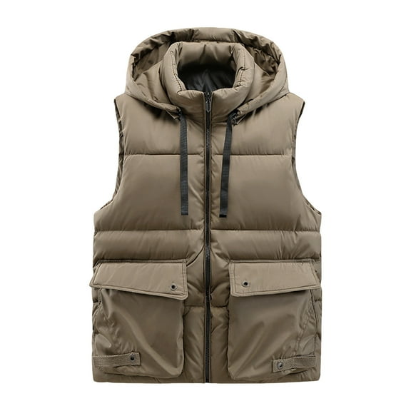APEXFWDT Men's Big&Tall Hooded Puffer Vest Sleeveless Stand Collar Zip-Up Warm Outerwear Winter Casual Vest with Secure Pockets,XXXL,Khaki