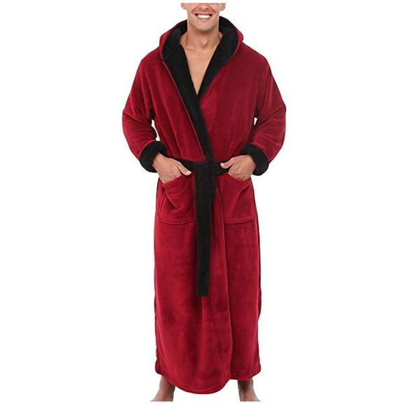 APEXFWDT Men's Big&Tall Long Robe Light Fleece Colorblock Hooded Bathrobe with Pockets, Loungewear,S,Red