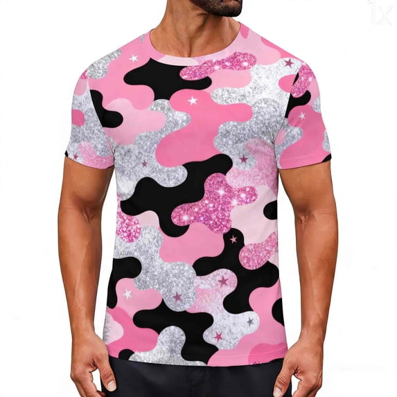 APEXFWDT Men's Big&Tall Printed T-Shirt Casual Sport Fitness Top Short Sleeve Slim Fit Crew Neck Tees,M,Pink