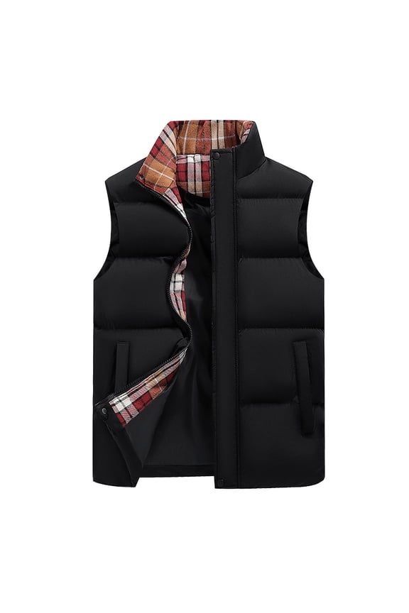 APEXFWDT Men's Big&Tall Puffer Vest Zip-Up Stand Collar Plaid Color-Block Warm Vest Sleeveless Athletic Jacket for Winter Commutes