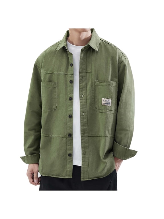 Men's Big & Tall Shirt Jacket - Lightweight Cotton Button Front Shirt, Work Jacket for Outdoor & Casual Wear,XL,Army Green