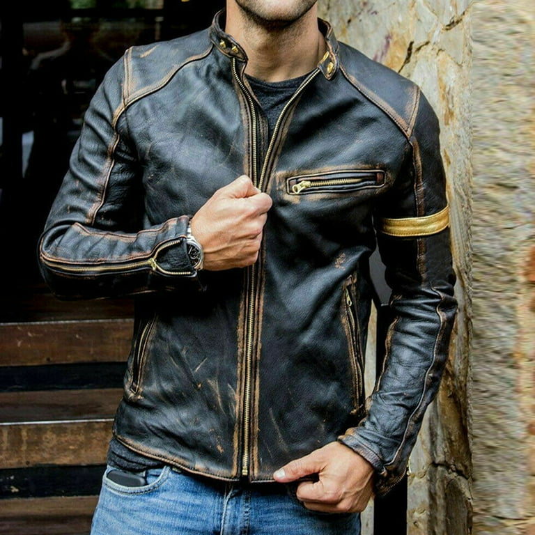 APEXFWDT Men s Big and Tall Vintage Stand Collar Leather Jacket Motorcycle PU Jacket Coat Racer Biker Style Casual Color Block Leather Jackets For Men Walmart