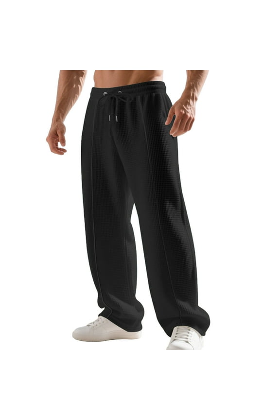 Men's Big & Tall Waffle Knit Casual Pants Elastic Waist Drawstring Straight-Leg Trousers with Pockets, Daily Wear,L,Black