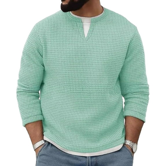 APEXFWDT Men's Big&Tall Waffle Knit Top Casual Crew Neck Loose Shirt Color Block Fake Two-Piece Top for Weekend Errands