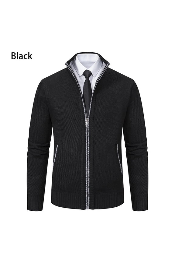 APEXFWDT Men's Big & Tall Zip-Up Knit Cardigan Stand Collar Long Sleeve Sweater Coat for Fall/Winter, Warm Outerwear,XXXL,Black