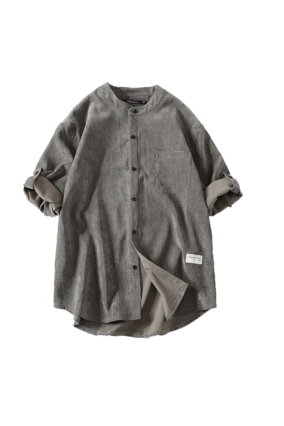 APEXFWDT Men's Big and Tall Button Up Corduroy Shirt Half Sleeve Pocket Casual Shirt Oversized Vintage Collarless Shirt Jacket