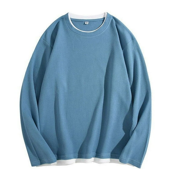 APEXFWDT Men's Big and Tall Waffle Knit Crew Neck Pullover Long Sleeve Casual Fit Sweatshirt Loungewear Top,XXXL,Blue
