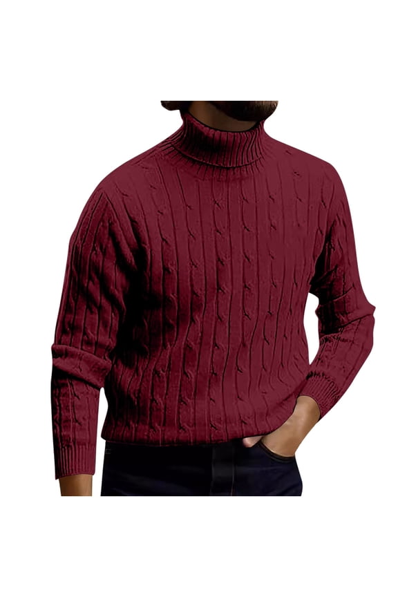 APEXFWDT Men's Cable Knit Turtleneck Sweater Thermal Pullover Long Sleeve Casual Top for Fall Winter,XL,Wine