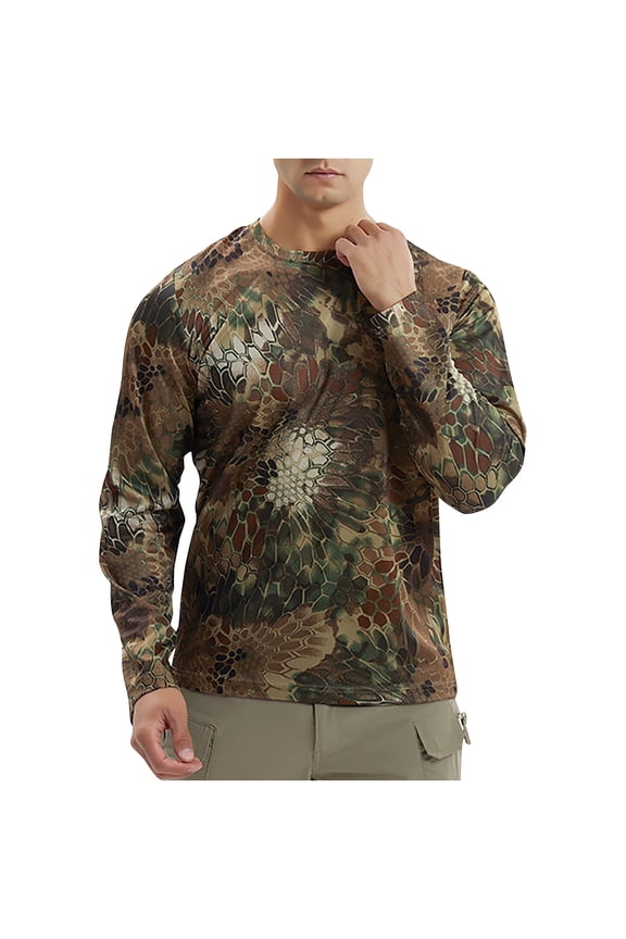Men’s Camo Shirt Lightweight Sun Protection Long Sleeve Shirt for Men Casual Crewneck Muscle Fit Shirt for Fishing Hiking Camping