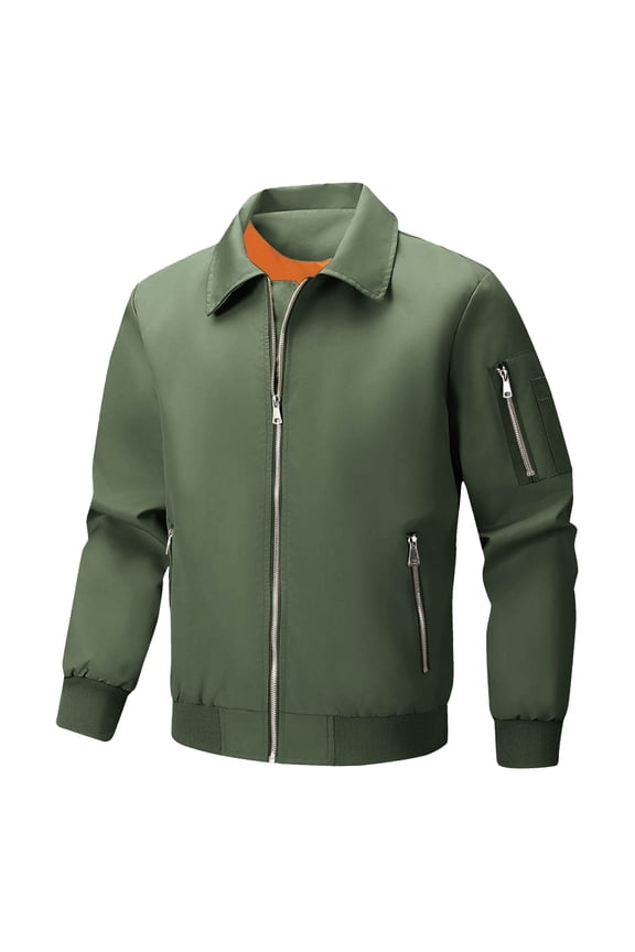 Men's Cargo Bomber Jacket Windbreaker Zip-Up Lightweight Casual Jacket Stylish Collared Varsity Jacket with Zip Pockets,L,Army Green
