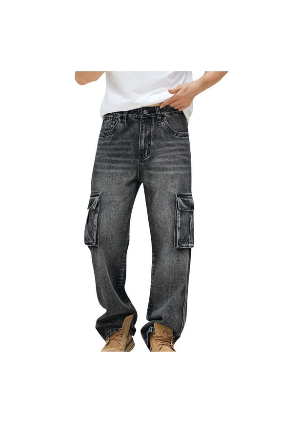 Men's Cargo Jeans Multi-Pocket Straight-Leg Denim Pants for Outdoor Work, Durable Utility Wear