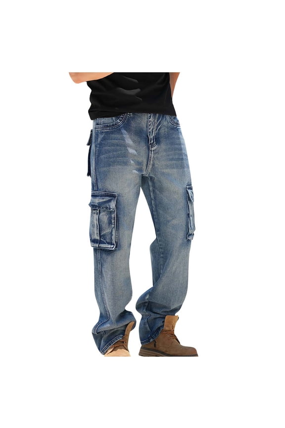 APEXFWDT Men's Cargo Jeans Multi-Pocket Straight-Leg Denim Pants for Outdoor Work, Durable Utility Wear
