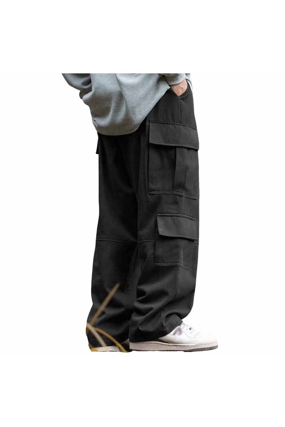 APEXFWDT Men's Cargo Pants Multi-Pocket Outdoor Casual Trousers Straight-Leg Elastic Waist Drawstring Pants for Hiking Trips & Weekend Activities,L,Black