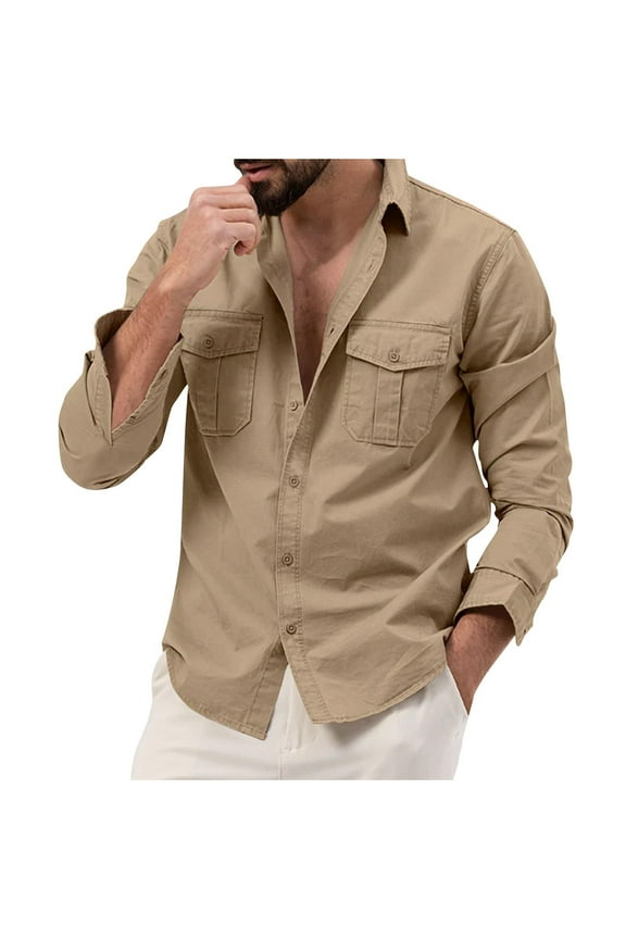 Men's Casual Button Down Shirt Long Sleeve Untucked Shirt with Pockets Western Cowboy Shirts Work Shirts for Men XXXL,Khaki