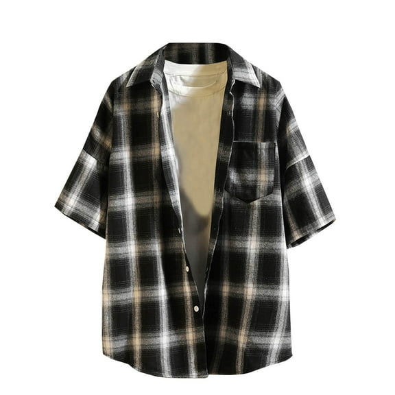 APEXFWDT Men's Casual Checkered Work Shirt Relaxed Button Up Short Sleeve Plaid Shirt Big and Tall Loose Fit Shirt Shacket