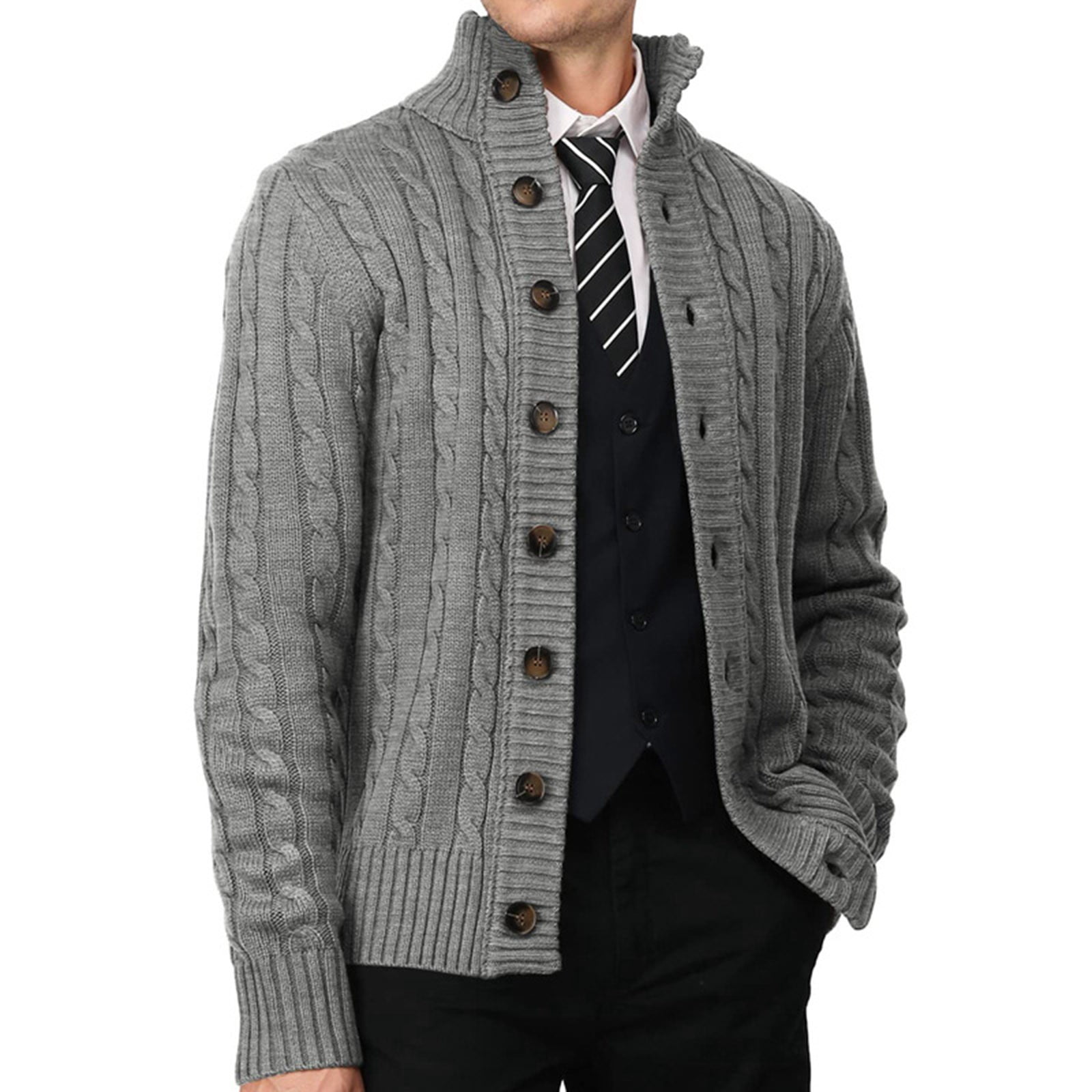 APEXFWDT Men's Casual Stand Collar Cardigan Button Down Cable Knitted