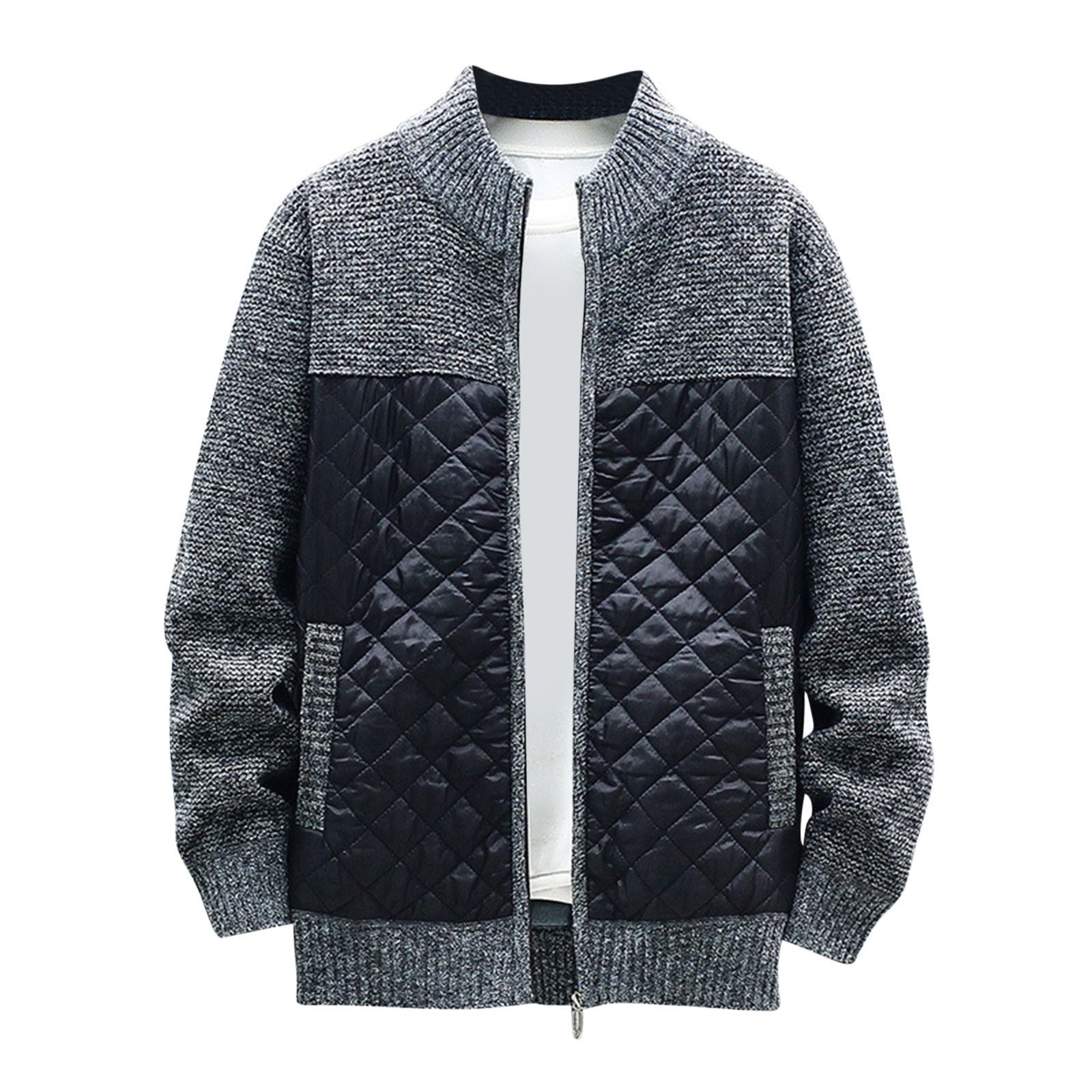 Men's Knitted Zip-Up Cardigan with Stylish Plaid Lining & Mock Neck - Cozy & Fashionable Outerwear