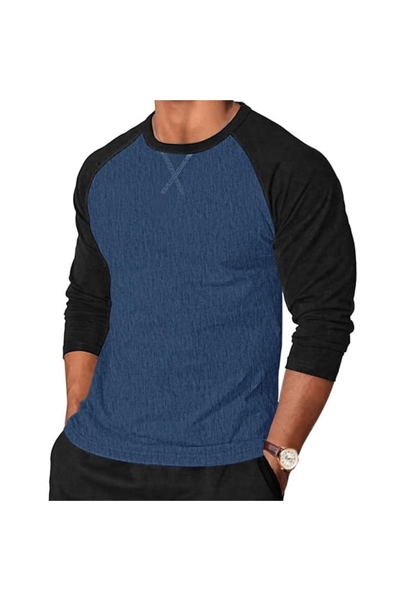 Men's Classic Baseball Active T-Shirt Casual Long Sleeve Raglan Shirts Crewneck Athletic Shirts,XL,Blue