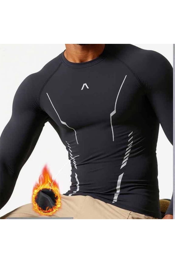 Men's Compression Workout T-Shirt Light Fleece Warm Long Sleeve Ski Base Layer, Athletic Training Top,M,Black