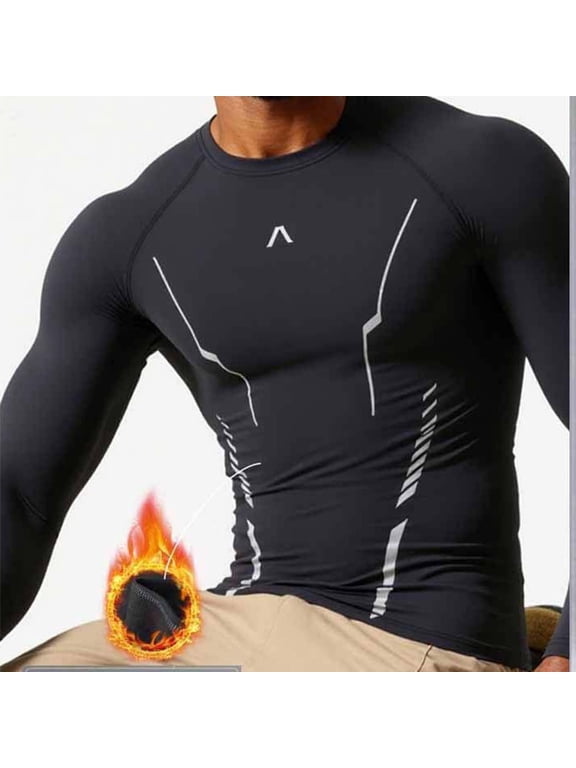 APEXFWDT Men's Compression Workout T-Shirt Light Fleece Warm Long Sleeve Ski Base Layer, Athletic Training Top,M,Black