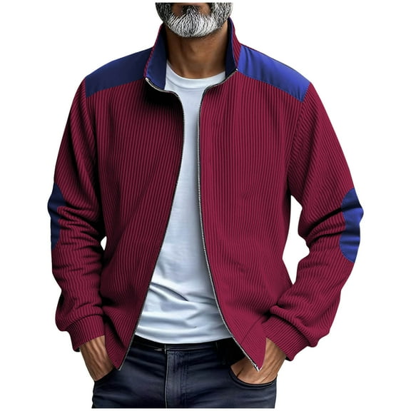 APEXFWDT Men’s Corduroy Zip-Up Jacket Stand Collar Long Sleeve Jacket with Patch Elbow & Pockets for Fall/Winter,S,Wine