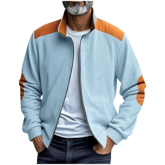 APEXFWDT Men’s Corduroy Zip-Up Jacket Stand Collar Long Sleeve Jacket with Patch Elbow & Pockets for Fall/Winter,XXXL,Light Blue