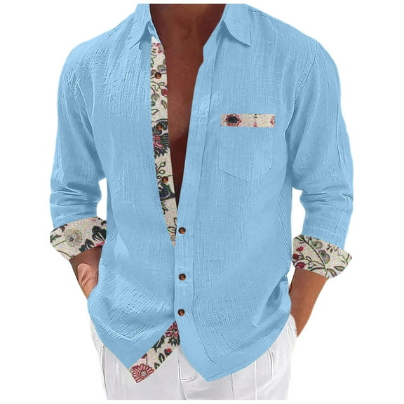 APEXFWDT Men's Cotton Linen Floral Print Shirt Long Sleeve Button-Up Shirt Breathable Casual Top for Beach Parties & Weddings,XXXL,Light Blue