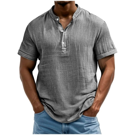 APEXFWDT Men's Cotton Linen Henley Shirt Solid Color Short Sleeve Shirt Button Casual Breathable Top,S,Gray