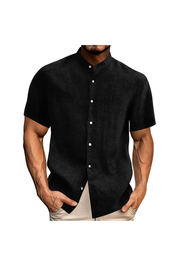 Men's Cotton Linen Short Sleeve Shirt Casual Button Down Stand Collar Top,S,Black