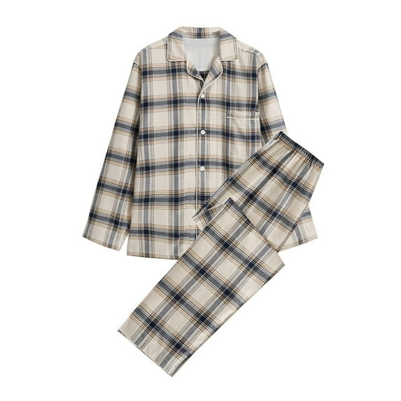 APEXFWDT Men’s Cotton Pajamas Set Plaid Flannel Long Sleeves Button Down Tops and Elastic Waist Pajama Set Soft Print Pajamas M/L/XL/XXL