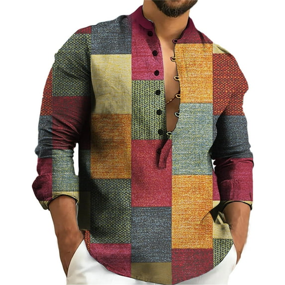 APEXFWDT Men's Cuban Guayabera Shirts Casual Long Sleeve Button Down Cotton Linen Shirts Band Collar Summer Beach Shirts