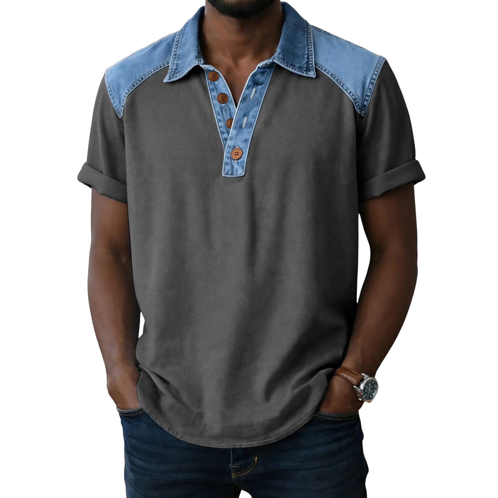 APEXFWDT Men's Denim Patchwork Shirt Casual Short Sleeve Lapel Shirt ...