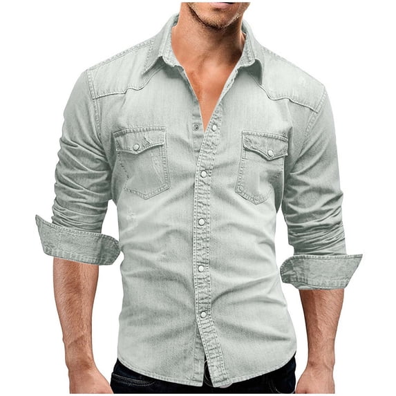 APEXFWDT Men's Denim Shirt Long Sleeve Casual Button Down Shirts Western Work Shirt Distressed Washed Denim Shirt with Chest Pockets