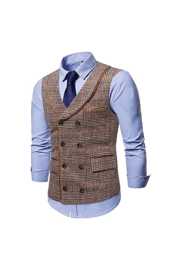 APEXFWDT Men's Double Breasted Business Wedding Vests Plaid Dress Waistcoat V-Neck Slim Fit Dress Vest Formal Button Down Vest