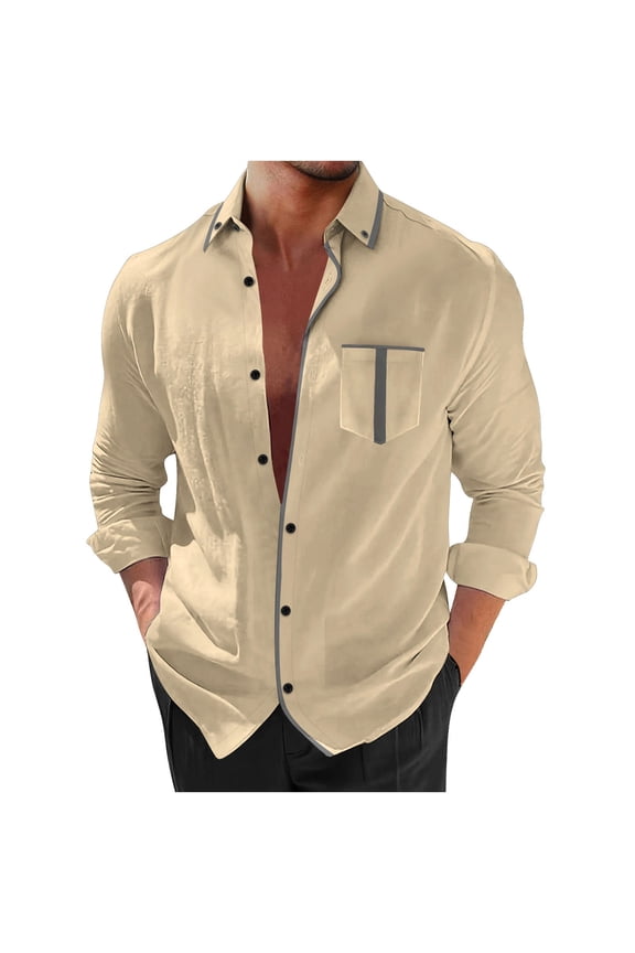 APEXFWDT Men's Fashion Summer Casual Button Down Shirt Long Sleeve Solid Color Holiday Beach Shirts Pocket Dress Shirt