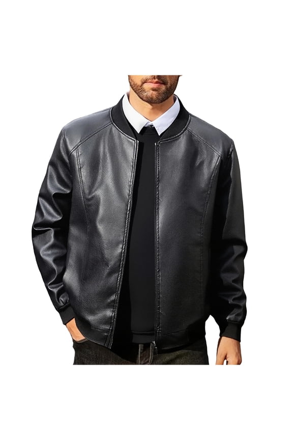 Men's Faux Leather Bomber Jacket Full Zip Varsity Coat PU Jacket Windbreaker for Street Style & Casual Outings,L,Black