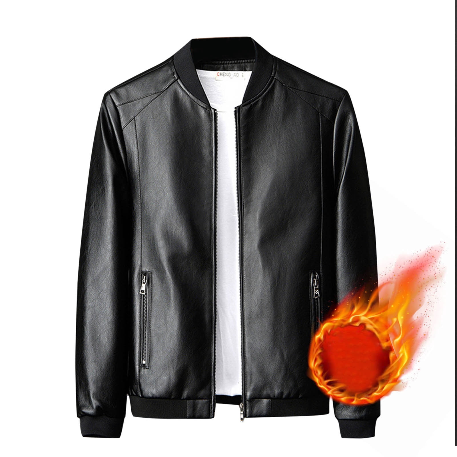 APEXFWDT Men's Faux Leather Bomber Jacket with Fleece Lining, Zippered Front & Side Pockets Jacket for Business Casual & Night Out,M,Black