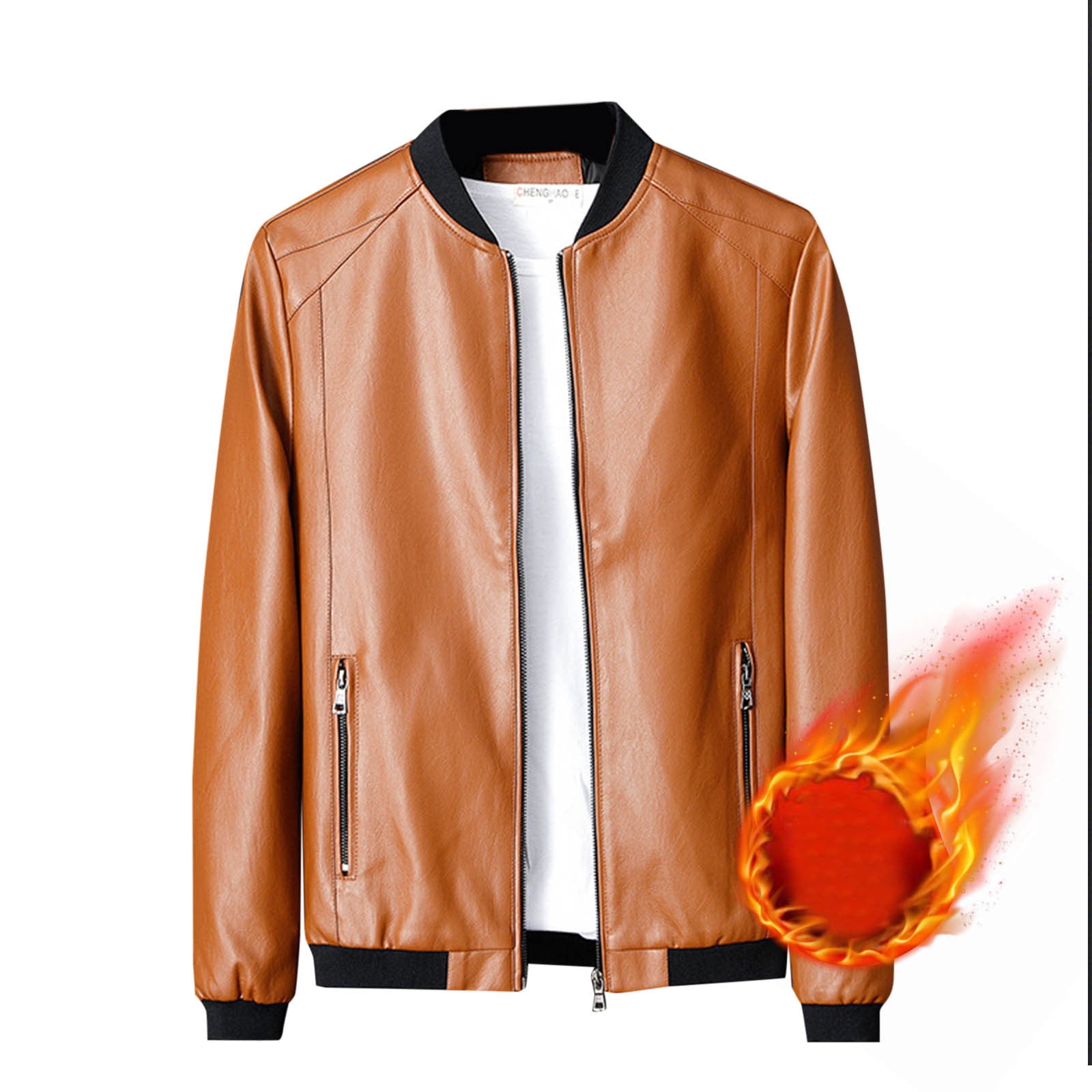 APEXFWDT Men's Faux Leather Bomber Jacket with Fleece Lining, Zippered Front & Side Pockets Jacket for Business Casual & Night Out,XXXL,Brown
